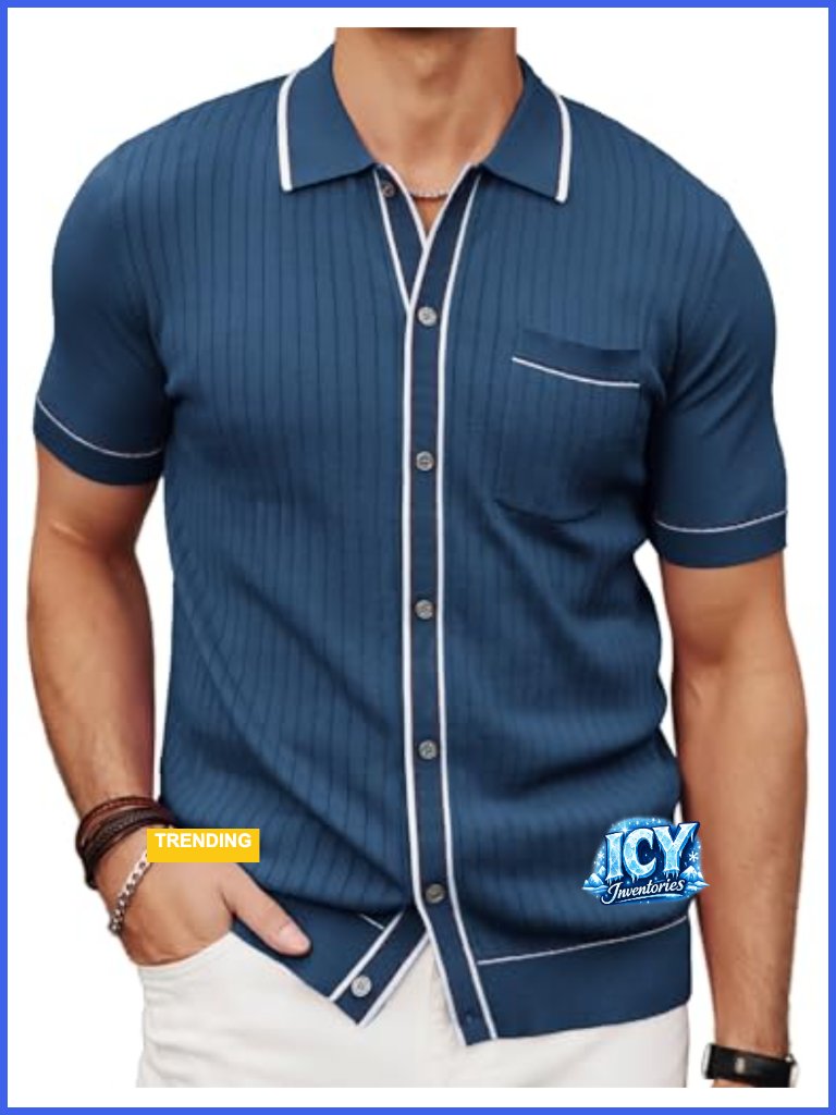 Mens Short Sleeve Button Down Casual Vintage Knit Shirt Polo